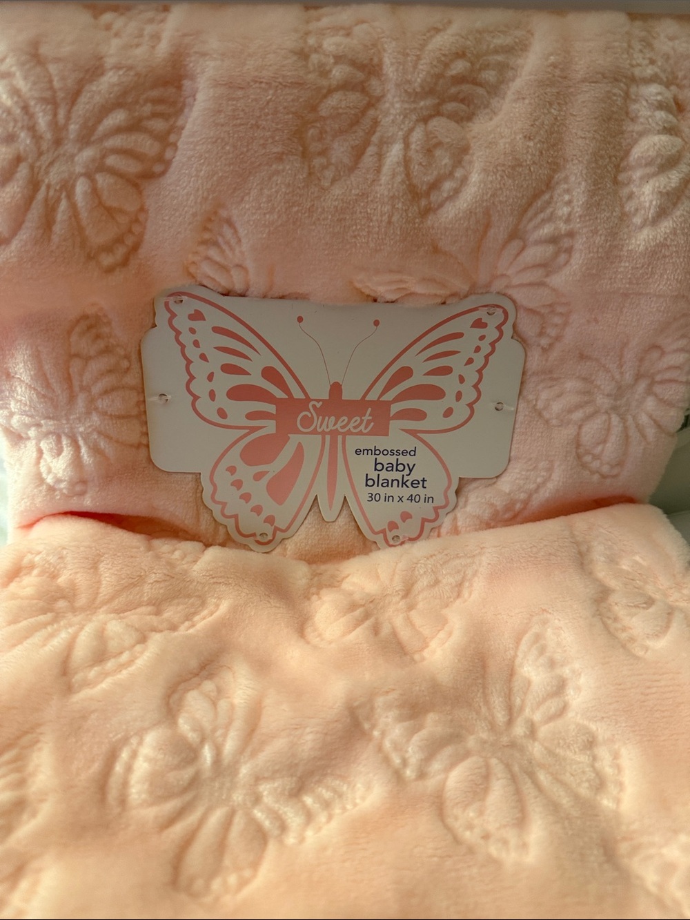 “Sweet” Embossed Baby Blanket, Measuring 30” x 40”.
